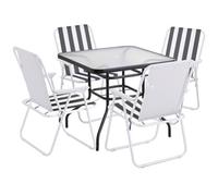 Urbn-Garden Urbngarden 70Cm Height Garden Square Glass Table & 4 Folding White/black Stripe Chairs Set Metal Outdoor Patio Parasol Hole