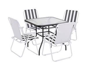 Urbn-Garden Urbngarden 70Cm Height Garden Square Glass Table & 4 Folding White/black Stripe Chairs Set Metal Outdoor Patio Parasol Hole
