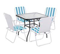 Urbn-Garden Urbngarden 70Cm Height Garden Square Glass Table & 4 Folding White/blue Stripe Chairs Set Metal Outdoor Patio Parasol Hole