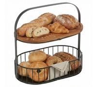 URBNLIVING 2-Tier Bread Basket Countertop Storage Rack - Metal Wire Kitchen Organizer with Removable Bamboo Lid, Stackable Space-Saving Rack for Bread, Fruits, Snacks, and Everyday Kitchen Essentials