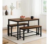 Urbn-Living 3 Pcs Wooden Kitchen Dining Living Room Table Metal Frame 2 Matching Benches Set - Rustic Brown