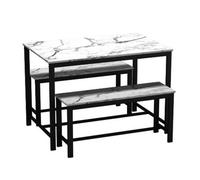 Urbn-Living 3 Pcs Wooden Kitchen Dining Living Room Table Metal Frame 2 Matching Benches Set - White Marble