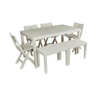 Urbn-Living 4 Plastic White Chairs & 2 Benches Outdoor Garden Table Set