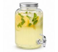 Urbn-Living 4L Ribbed Glass Beverage Dispenser W/ Tap & Stainless Steel Lid, Mason Jar Style For Drinks