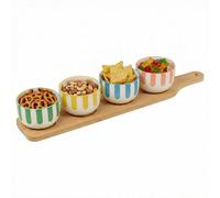URBNLIVING 5-Piece Porcelain Ceramic Dish Serving Set - 4 Colorful Striped Bowls with Bamboo Tray for Snacks, Tapas, Dips & Condiments (Paddle)