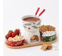 Urbn-Living 6 Piece Porcelain Cheese Fondue Set W/ Tealight Stand, Dipping Bowls, Forks And Bamboo Board