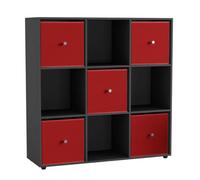 Urbn-Living 9 Cube Black Wooden Bookcase Shelving Unit With 5 Collapsible Fabric Drawers Red