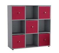 Urbn-Living 9 Cube Grey Wooden Bookcase Shelving Unit With 5 Collapsible Fabric Drawers Fuchsia