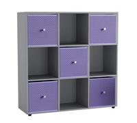 Urbn-Living 9 Cube Grey Wooden Bookcase Shelving Unit With 5 Collapsible Fabric Drawers Lilac