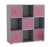 Urbn-Living 9 Cube Grey Wooden Bookcase Shelving Unit With 5 Collapsible Fabric Drawers Pastel Pink