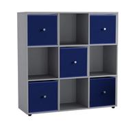 Urbn-Living 9 Cube Grey Wooden Bookcase Shelving Unit With 5 Collapsible Fabric Drawers Royal Blue