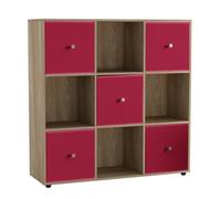 Urbn-Living 9 Cube Oak Wooden Bookcase Shelving Unit With 5 Collapsible Fabric Drawers Fuchsia
