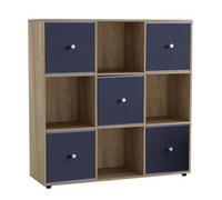 Urbn-Living 9 Cube Oak Wooden Bookcase Shelving Unit With 5 Collapsible Fabric Drawers Navy Blue