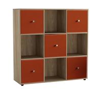 Urbn-Living 9 Cube Oak Wooden Bookcase Shelving Unit With 5 Collapsible Fabric Drawers Orange