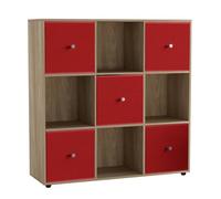 Urbn-Living 9 Cube Oak Wooden Bookcase Shelving Unit With 5 Collapsible Fabric Drawers Red