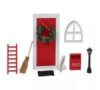 URBNLIVING 9Pcs Miniature Wooden Elf Christmas Village Scene Red & White Door, Xmas Ornaments Fairy Kit, Outdoor Indoor Garden Decorations Accessories for Child Wall Tree DIY Crafts Set