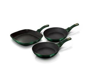 Urbn-Living Berlinger Haus Emerald Green 3Pcs Frying Grill Pan Aluminium Non Stick Marble Coating Metallic