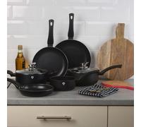 Urbn-Living Blaumann 8 Pcs Matt Black Colour Cookware Set Cooking Pots Pans With Soft Touch Handles Glass Lids