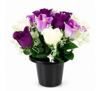 Urbn-Living Purple & White Rosebud Set Of 1 Artificial Silk Flower Grave Pot Memorial Arrangement Graveside Cemetery