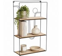 Urbn-Living Rectangle Geometric Wire Shelf 3 Tier Black Metal Frame Wall Mounted Wood Shelving Unit