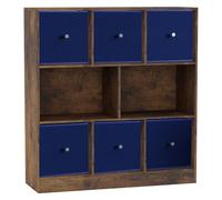 Urbn-Living Rustic Brown, Royal Blue - Asymmetrical 8 Cube Bookcase Unit W/ 6 Drawer Inserts