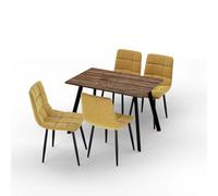 Urbn-Living Urbn Living 110Cm Dining Table & 4 Pcs Velvet Chairs Set Modern Metal Kitchen Furniture Rustic Oak Table And Curly Yellow Chair