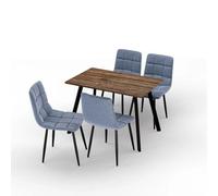Urbn-Living Urbn Living 110Cm Dining Table & 4 Pcs Velvet Chairs Set Modern Metal Kitchen Furniture Rustic Oak Table And Madison Blue Chair