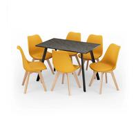 Urbn-Living Urbn Living 110Cm Dining Table & 6 Pcs Tulip Chairs Set Modern Wood Metal Kitchen Furniture Slate Grey Table And Yellow Chair