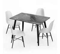 Urbn-Living Urbnliving 120Cm Dining Room Ceramic Table & 4 Plastic Chairs Set Metal Legs Kitchen Home - Black Marble Table & 4 White Chairs