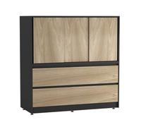 Urbn-Living Urbnliving 120Cm Height Black With 3 Sliding Oak Door 4 Drawer Bedside Cabinet Storage End Unit Bedroom Furniture