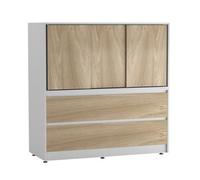 Urbn-Living Urbnliving 120Cm Height White With 3 Sliding Oak Door 4 Drawer Bedside Cabinet Storage End Unit Bedroom Furniture