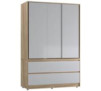 Urbn-Living Urbnliving 180Cm Height Oak Carcass 3 Sliding Grey Door With 4 Grey Drawer Wardrobe Clothes Storage Hanging Rail Bedroom