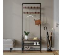 (Black & Rustic Oak) Entryway Hallway Coat Hanger Hooks Stand