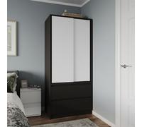 Urbn-Living Urbnliving 2 Sliding Doors Wardrobe 2 Drawer Bedroom Clothes Hanging Rail Black Carcass With White Doors Storage Cupboard