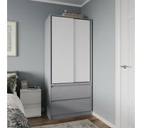 Urbn-Living Urbnliving 2 Sliding Doors Wardrobe 2 Drawer Bedroom Clothes Hanging Rail Grey Carcass With White Doors Storage Cupboard