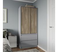 Urbn-Living Urbnliving 2 Sliding Doors Wardrobe 2 Drawer Bedroom Clothes Hanging Rail Grey Carcass With Oak Doors Storage Cupboard