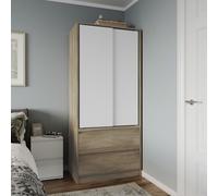 Urbn-Living Urbnliving 2 Sliding Doors Wardrobe 2 Drawer Bedroom Clothes Hanging Rail Oak Carcass With White Doors Storage Cupboard