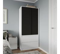 Urbn-Living Urbnliving 2 Sliding Doors Wardrobe 2 Drawer Bedroom Clothes Hanging Rail White Carcass With Black Doors Storage Cupboard