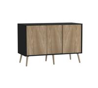 Urbn-Living Urbnliving 3-Door Sliding Cabinet Sideboard Black Carcass With Oak Doors Storage Organiser Home Cupboard Beech Wooden Legs