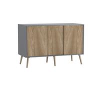 Urbn-Living Urbnliving 3-Door Sliding Cabinet Sideboard Grey Carcass With Oak Doors Storage Organiser Home Cupboard Beech Wooden Legs