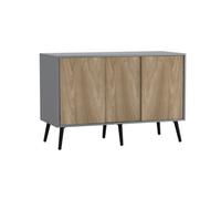 Urbn-Living Urbnliving 3-Door Sliding Cabinet Sideboard Grey Carcass With Oak Doors Storage Organiser Home Cupboard Black Wooden Legs