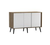Urbn-Living Urbnliving 3-Door Sliding Cabinet Sideboard Oak Carcass With White Doors Storage Organiser Home Cupboard Black Wooden Legs