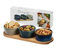 URBNLIVING 4-Piece Ceramic Dip Bowl Set with Acacia Wood Tray - Tapas, Appetiser, Snack & Condiment Serving Set