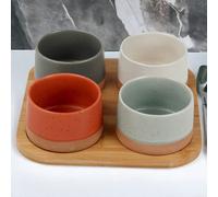 URBNLIVING 4/5 Pc Stoneware Serving Condiment Sets Snack Dishes Bamboo Rectangular Paddle Square Board Platter
