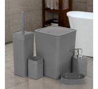 URBNLIVING 5pcs Luxury Plastic Bathroom Accessories Set Beige Grey Modern Bin Soap Dispenser Toothbrush Holder Soap Dispenser WC Brush (Grey)