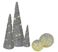 URBNLIVING 5 Pcs LED Light Up Christmas Decorations Set, Tree Pyramid Cones and Sphere Balls with Fairy Lights, Battery Operated Christmas Display (Silver with Glitter)