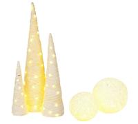 URBNLIVING 5 Pcs LED Light Up Christmas Decorations Set, Tree Pyramid Cones and Sphere Balls with Fairy Lights, Battery Operated Christmas Display (White with Glitter)