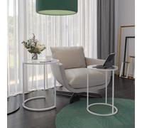 Urbn-Living Urbnliving 59Cm Height Round Nesting Side Coffee Tables Transparent Glass Top With White Metal Leg Set Of 2