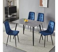 Urbn-Living Urbnliving 5Pcs Armani Grey Modern Ceramic Top Dining Table & Blue Plush Velvet Chairs With Metal Legs