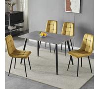 URBNLIVING 120cm Modern Ceramic Top Dining Table & 4 Comfortable Plush Velvet Chairs with Metal Legs Set for Kitchen, Dining Room